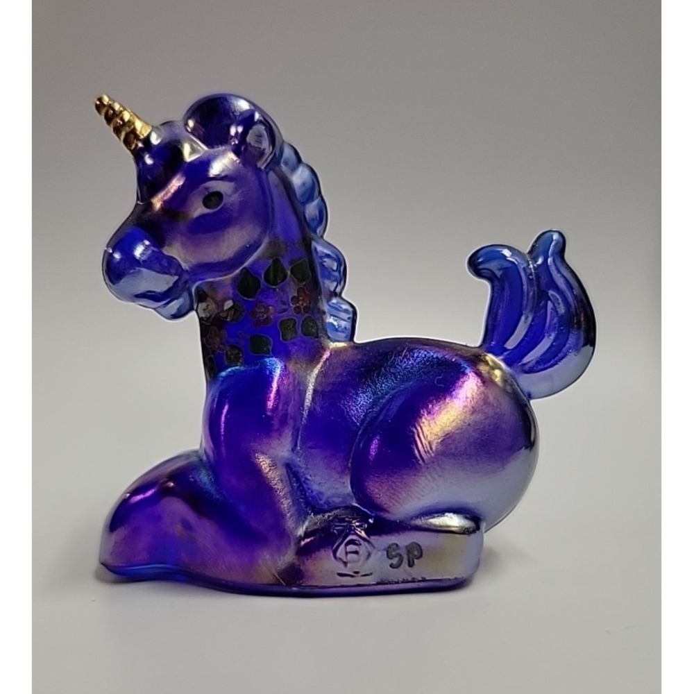 Vintage Boyd Glass Little Luck Unicorn Painted Cobalt‎ Carnival Glass Figurine